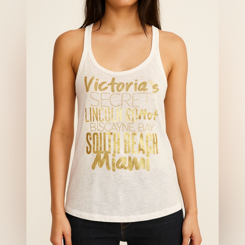 Victoria's Secret White and Gold Women's Tank Top Super Model Essentials Y2K  XS